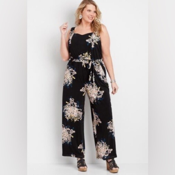 Maurices Black Floral Wide Leg Jumpsuit Smocked Bodice Sleeveless  Plus Sz 2 2x - Picture 1 of 5